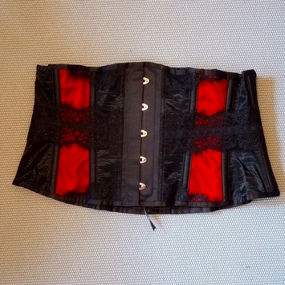 Corset Story Other - Waist Taming Mesh Underbust Corset with Red Satin Panels and Decorative Lace